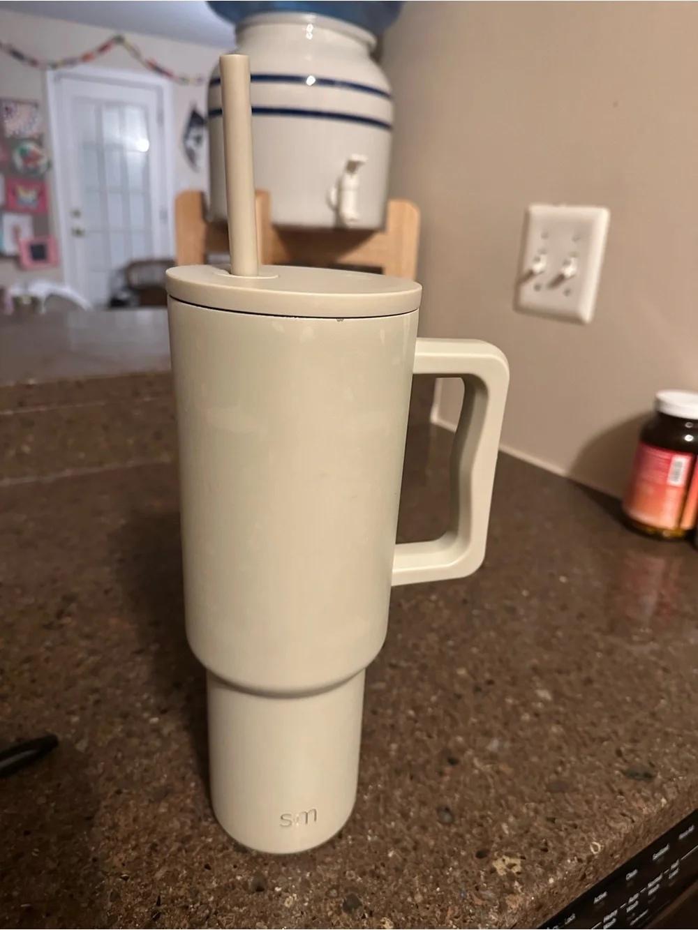 Insulated Sand colored Travel Tumbler with Handle and Straw